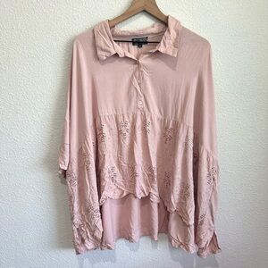 J Gee Women's 1X Pink Popover Blouse Eyelette Boho Rayon Floral Casual High Low